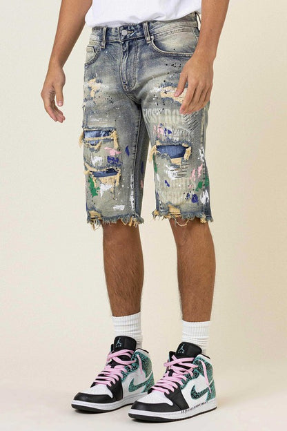 Hand Paint & Logo Print Rip 7 Repair Denim Shorts