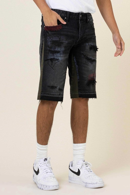 Multi Camo Paneled Released Hem Denim Shorts