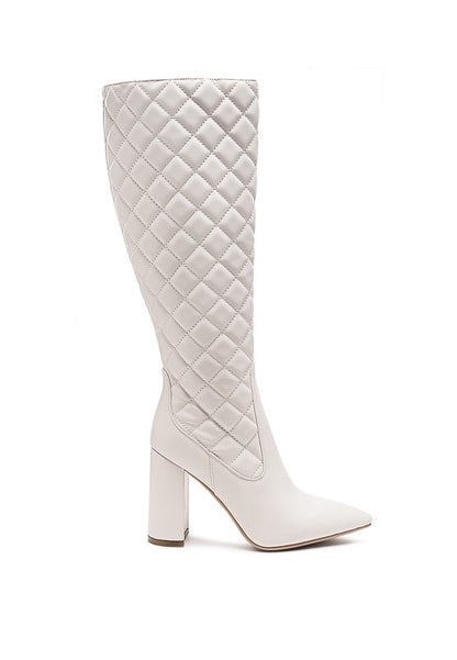 Quilt Knee Figh Block Heeled Boots