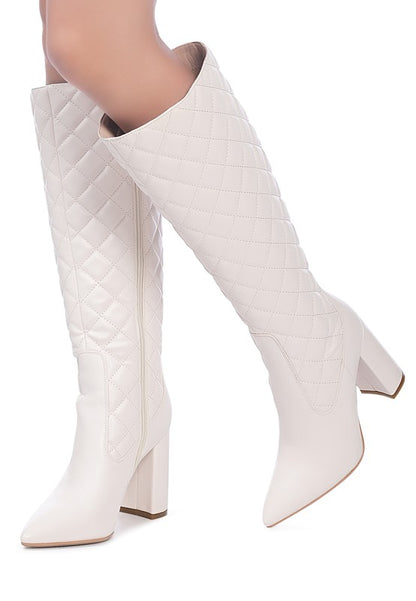 Quilt Knee Figh Block Heeled Boots