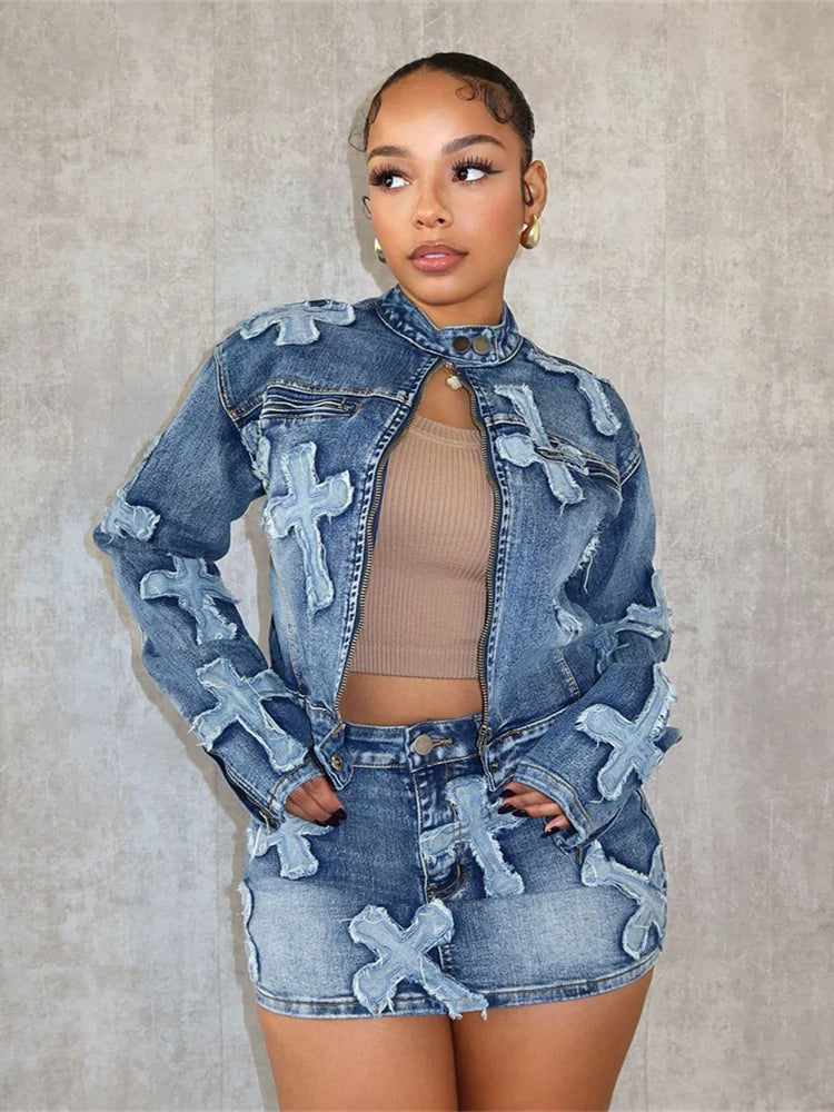 *PREORDER* Cross Over Denim Mini Skirt 2 Piece Set