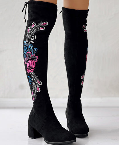 Floral Embroidery Tied Detail Over-The-Knee Long Boots