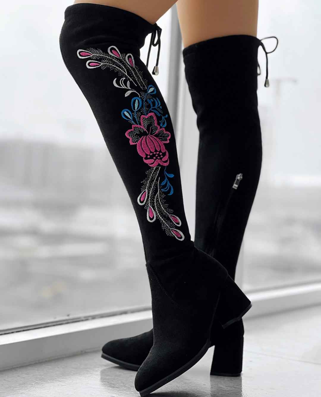 Floral Embroidery Tied Detail Over-The-Knee Long Boots