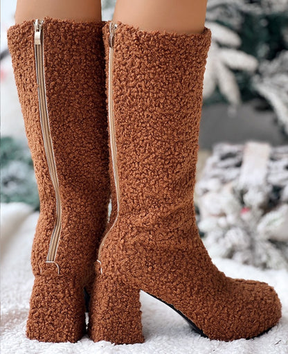 Chunky Heel Calf Teddy Boots