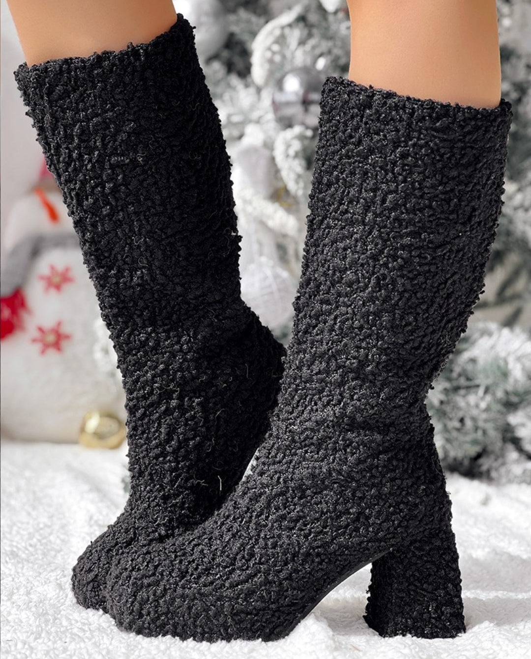 Chunky Heel Calf Teddy Boots