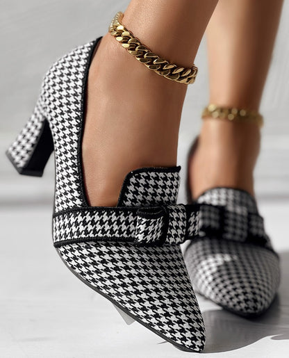 Houndstooth Bowknot Decor Chunky Pumps