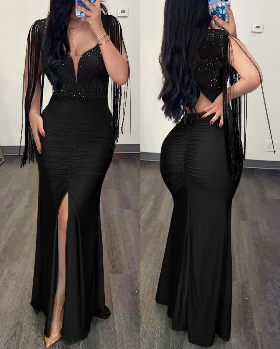 Contrast Sequin Ruched Slit Evening Dress