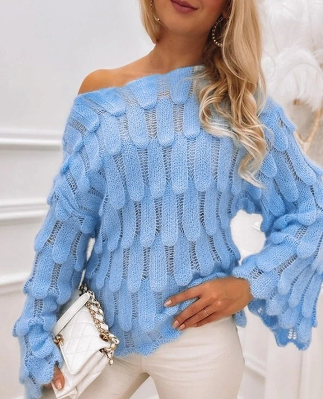 Boat Neck Bell Sleeve Knit Sweater