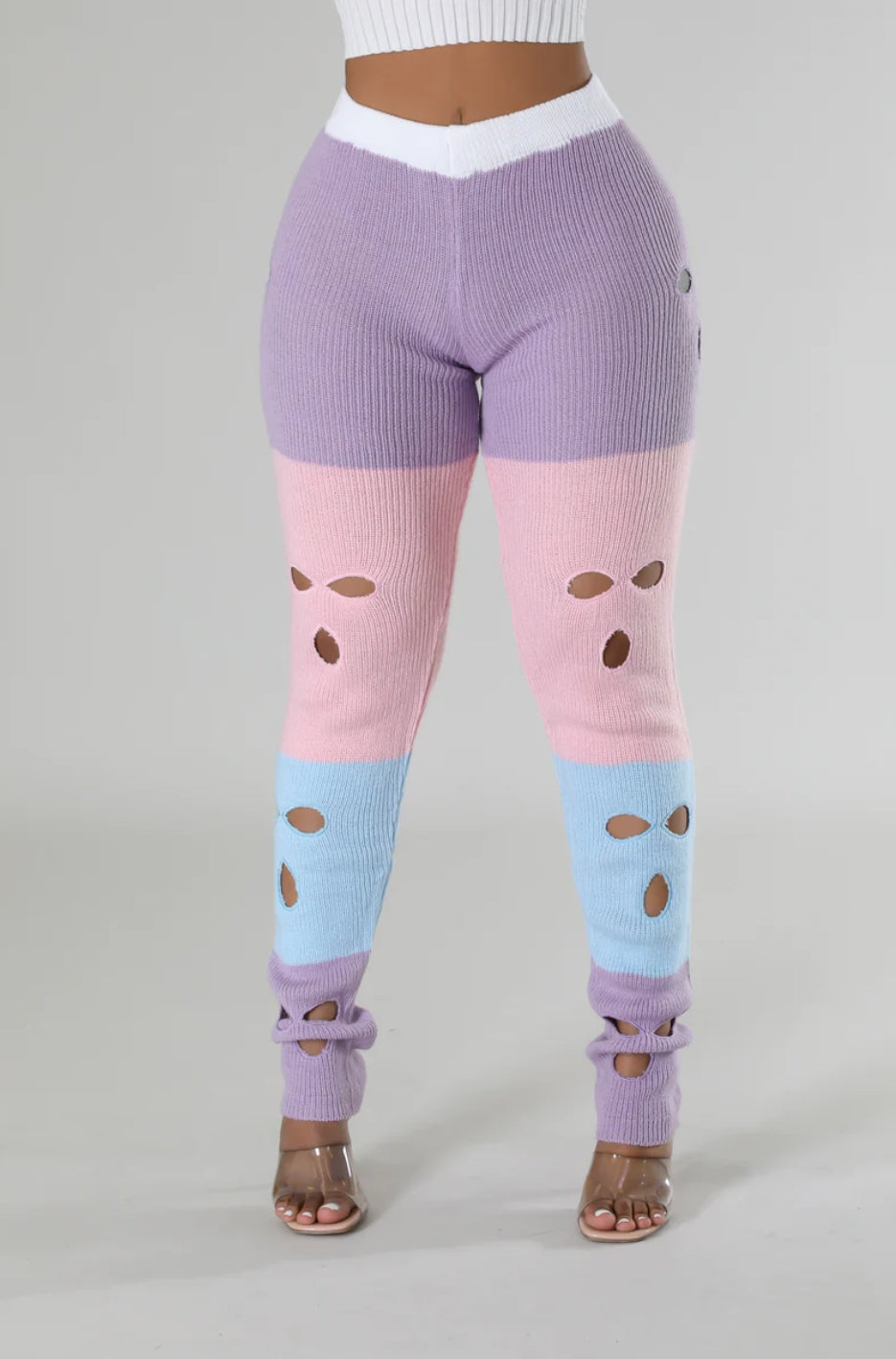 Cotton Candy Rib Knit Cut Out Patchwork Pants