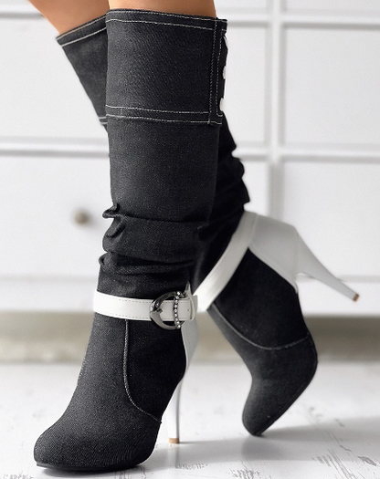 Denim Buckled Stiletto Heel Boots