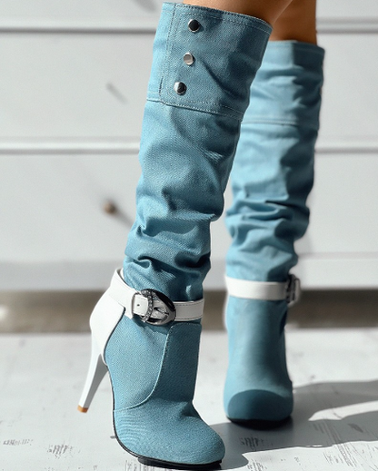 Denim Buckled Stiletto Heel Boots