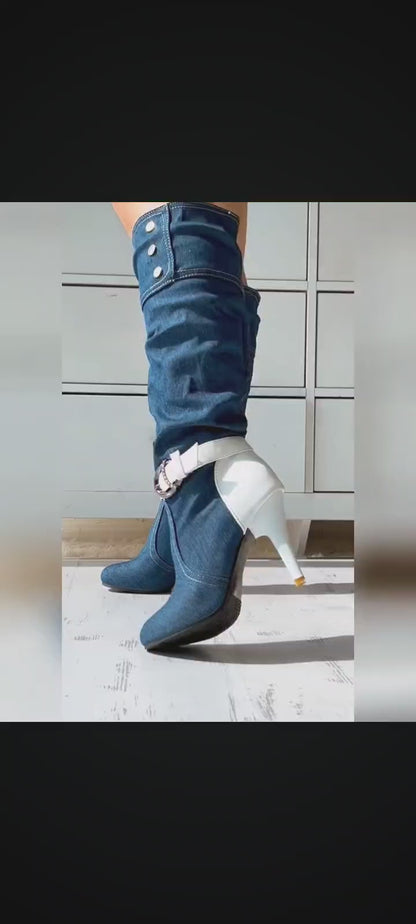 Denim Buckled Stiletto Heel Boots