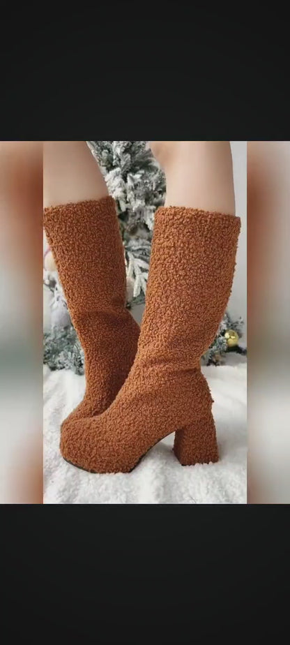 Chunky Heel Calf Teddy Boots