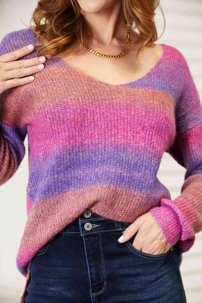 Double Take Multicolored Rib-Knit V-Neck Knit Pullover