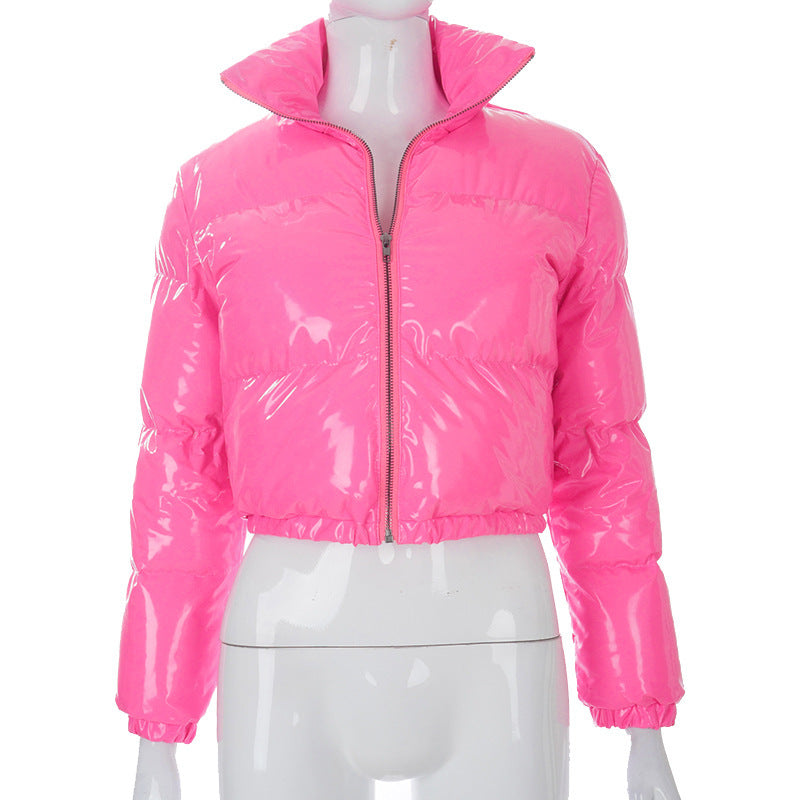 Solid PU Leather Stand-up Collar Cotton Jacket