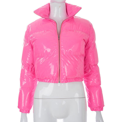 Solid PU Leather Stand-up Collar Cotton Jacket