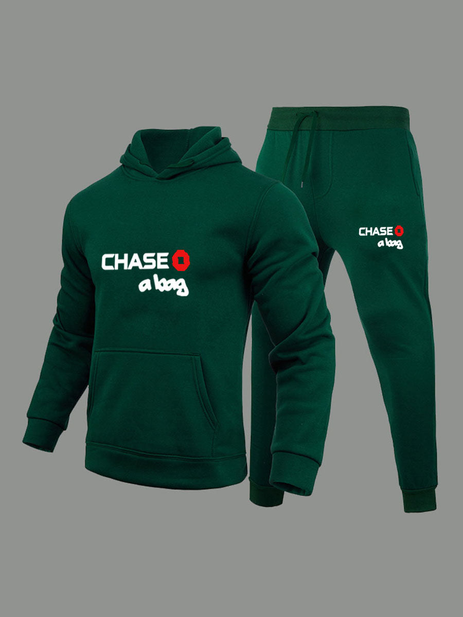 Chase A Bag Men Letter Print Kangaroo Pocket Tracksuit Set