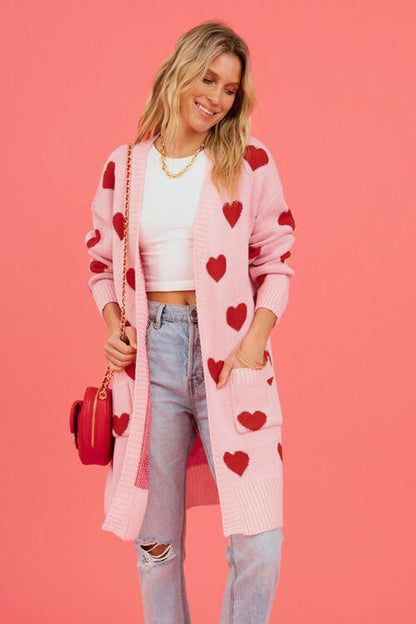 Heart Graphic Open Front Cardigan with Pockets