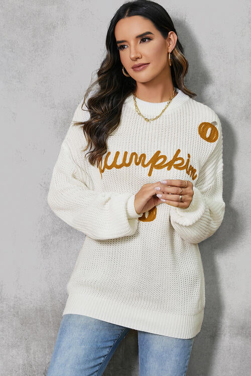 Pumpkin Embroidery Long Sleeve Sweater