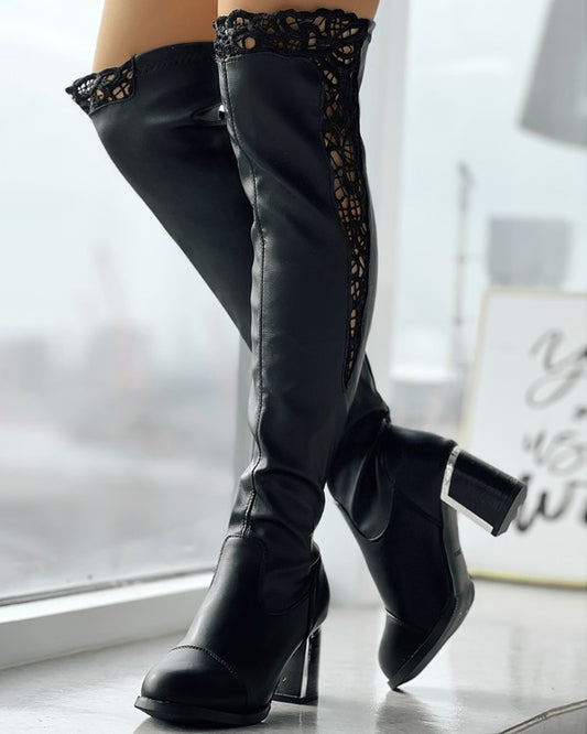 Contrast Lace Chunky Heel Over The Knee Winter Boots