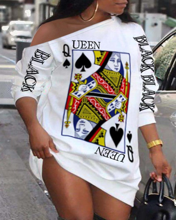 Plus Size Poker Print Long Sleeve Casual Dress