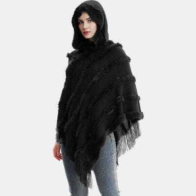 Fringe Trim Hooded Shawl