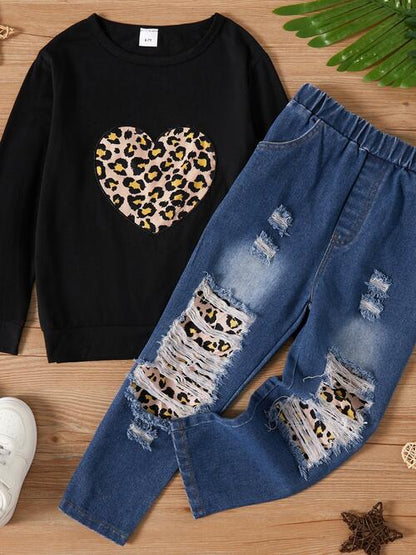 Leopard Heart Graphic Top and Pants Set