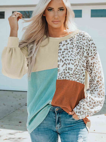 Color Block Leopard Round Neck Sweatshirt