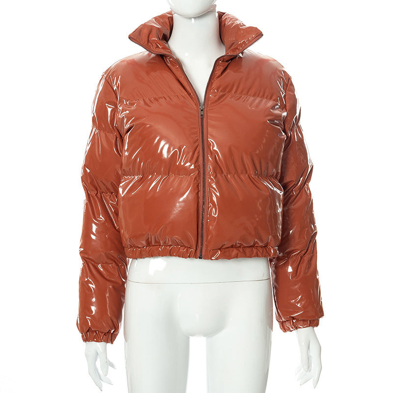 Solid PU Leather Stand-up Collar Cotton Jacket