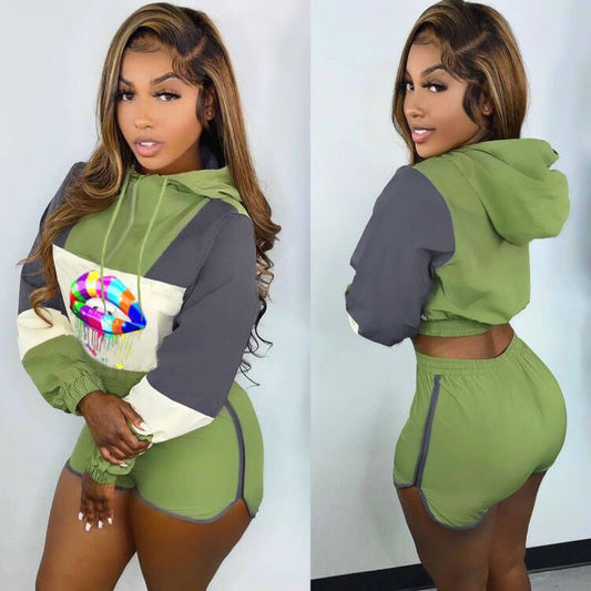 Taste The Rainbow Lip Print Patchwork Hoodie And Shorts 2 Piece Suits