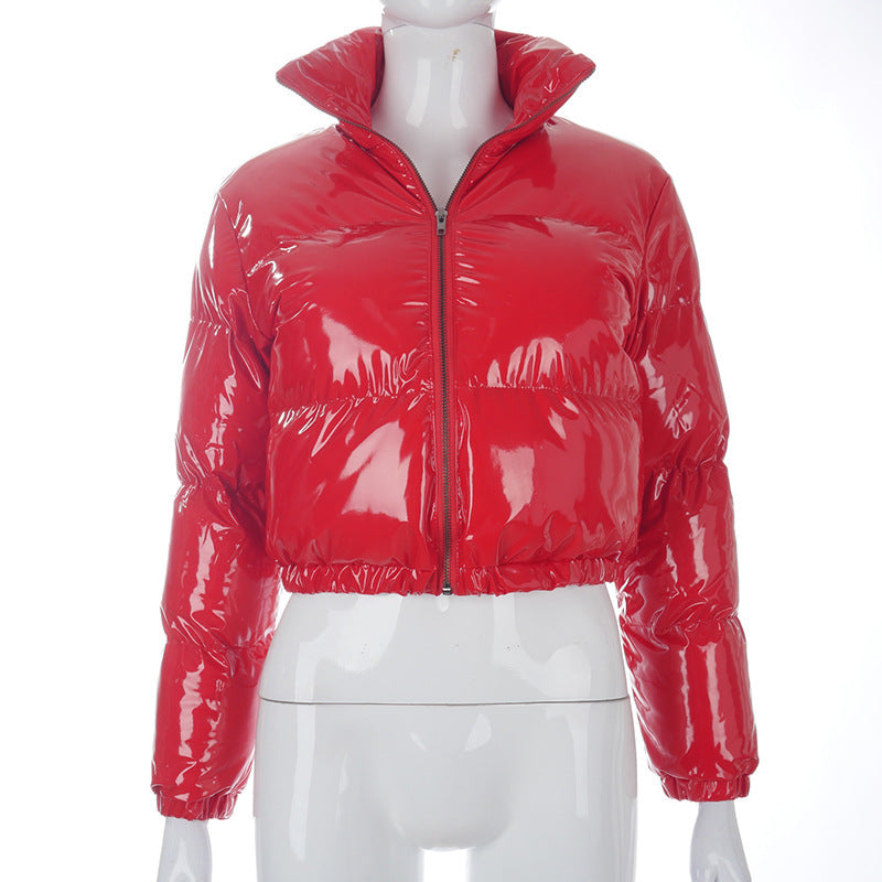 Solid PU Leather Stand-up Collar Cotton Jacket