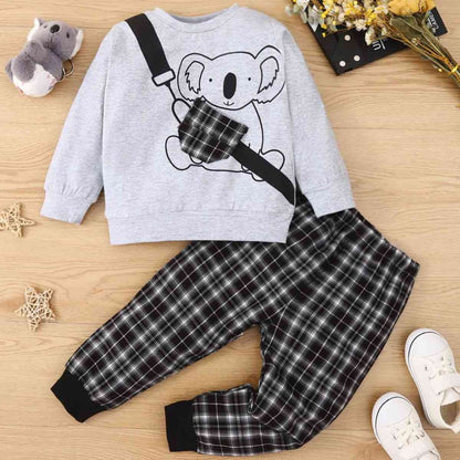 Kids Animal Graphic Sweatshirt and Plaid Joggers Set