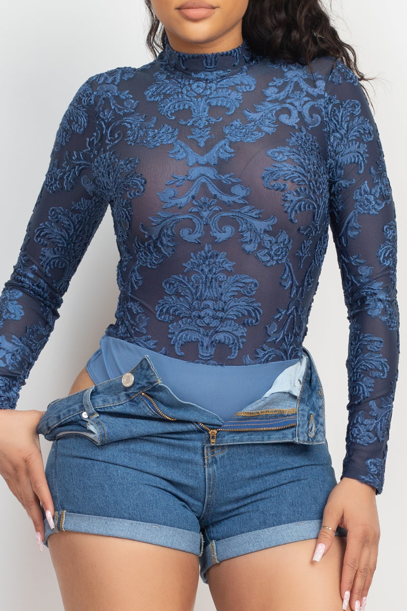 Embroidered Mock Neck Keyhole Bodysuit