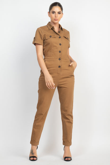 Collared Button-front Jumpsuit