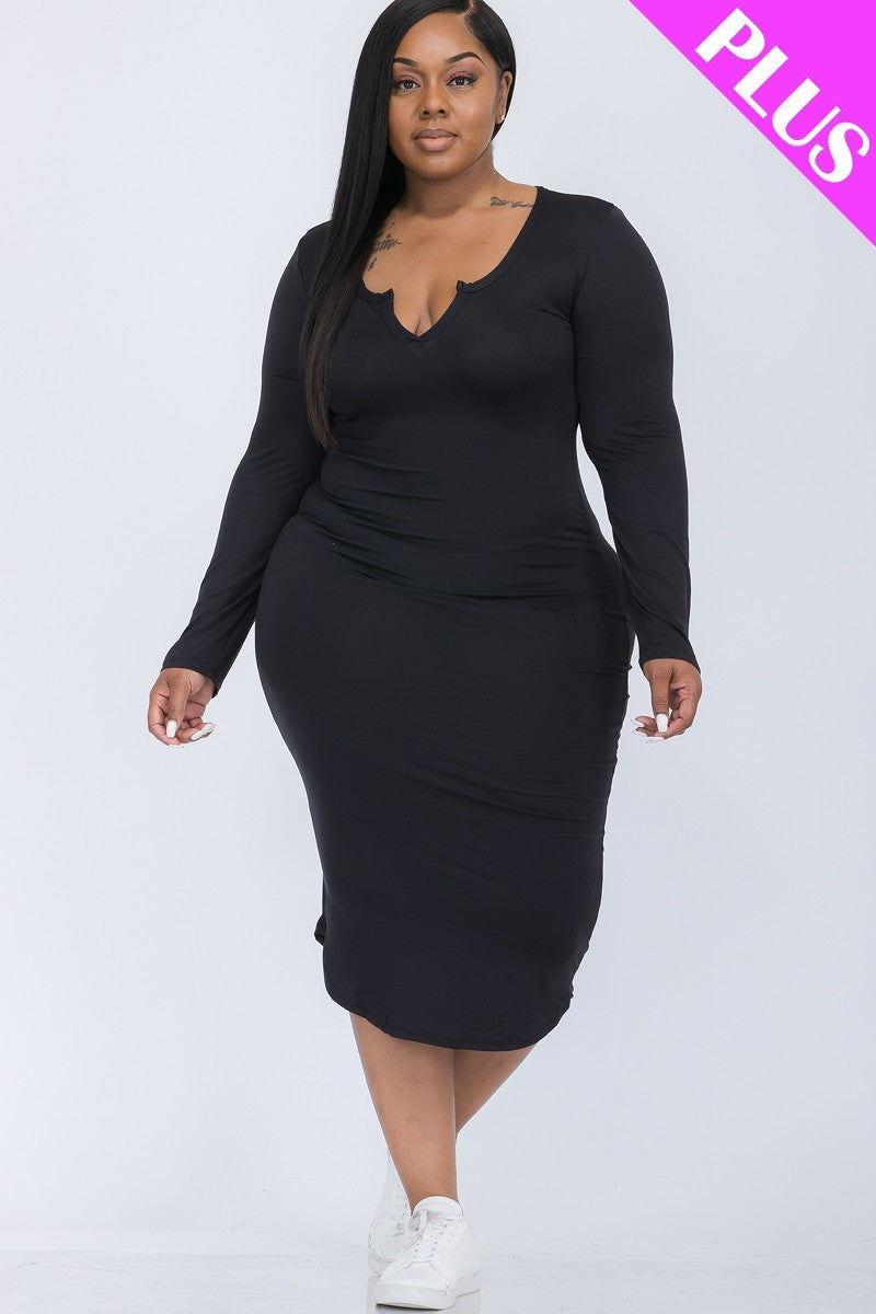 Plus Size Split Neck Long Sleeve Midi Dress