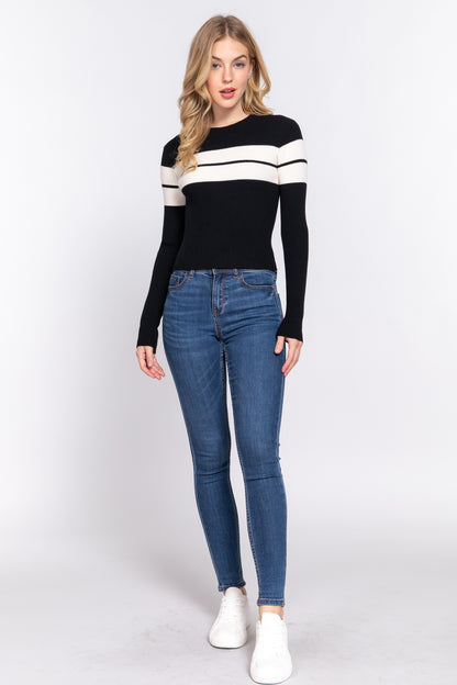 Long Slv Stripe Rib Sweater