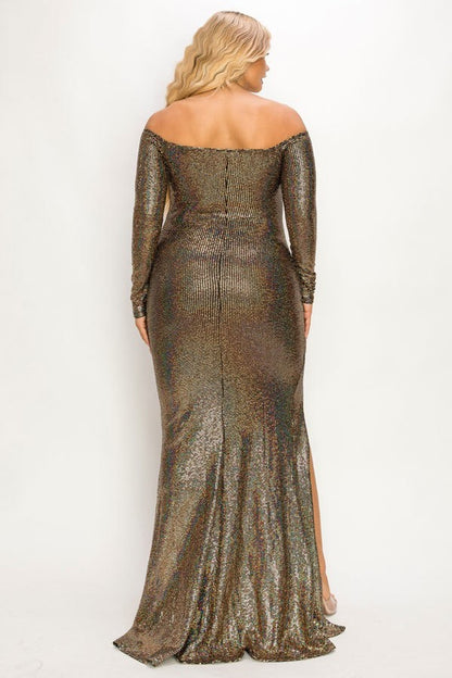 Plus Long Sleeve Off Shoulder Sequin Fabric (metallic) Party Maxi Dress