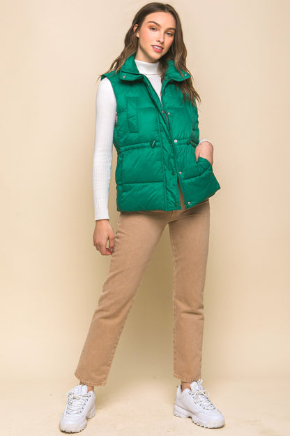 Zip Up Button Puffer Vest With Waist Toggles