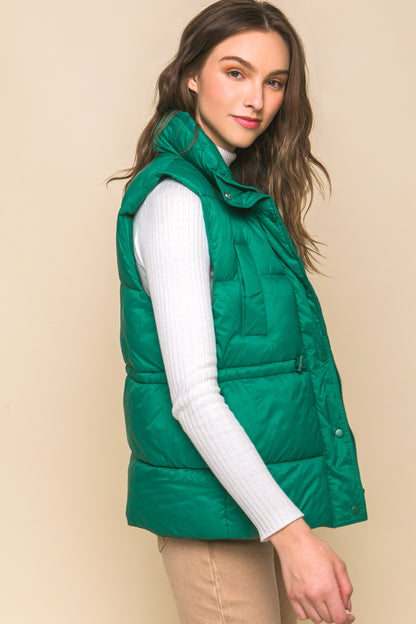 Zip Up Button Puffer Vest With Waist Toggles