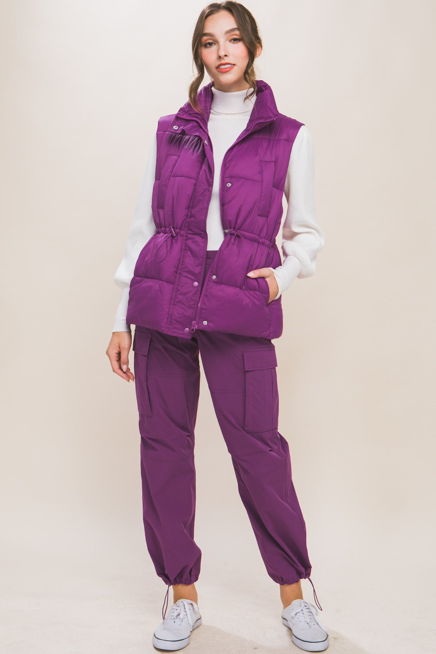 Zip Up Button Puffer Vest With Waist Toggles