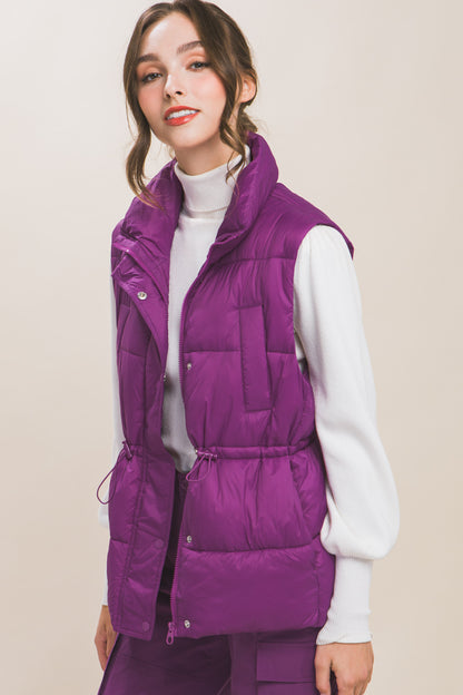 Zip Up Button Puffer Vest With Waist Toggles