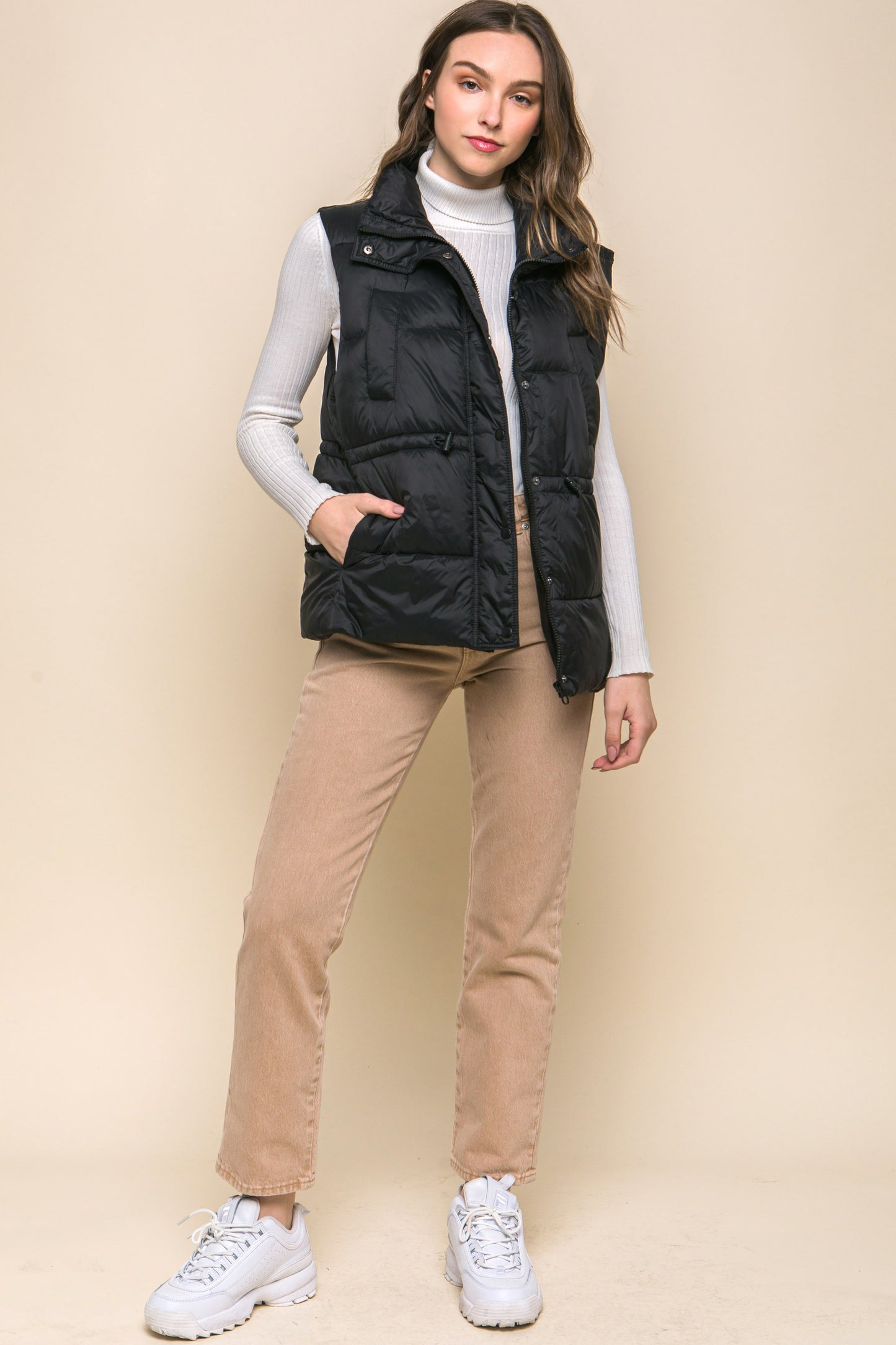 Zip Up Button Puffer Vest With Waist Toggles