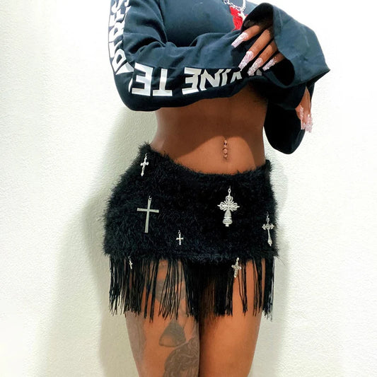 *PREORDER* Highly Favored! Cross Tassel Furry Skirt