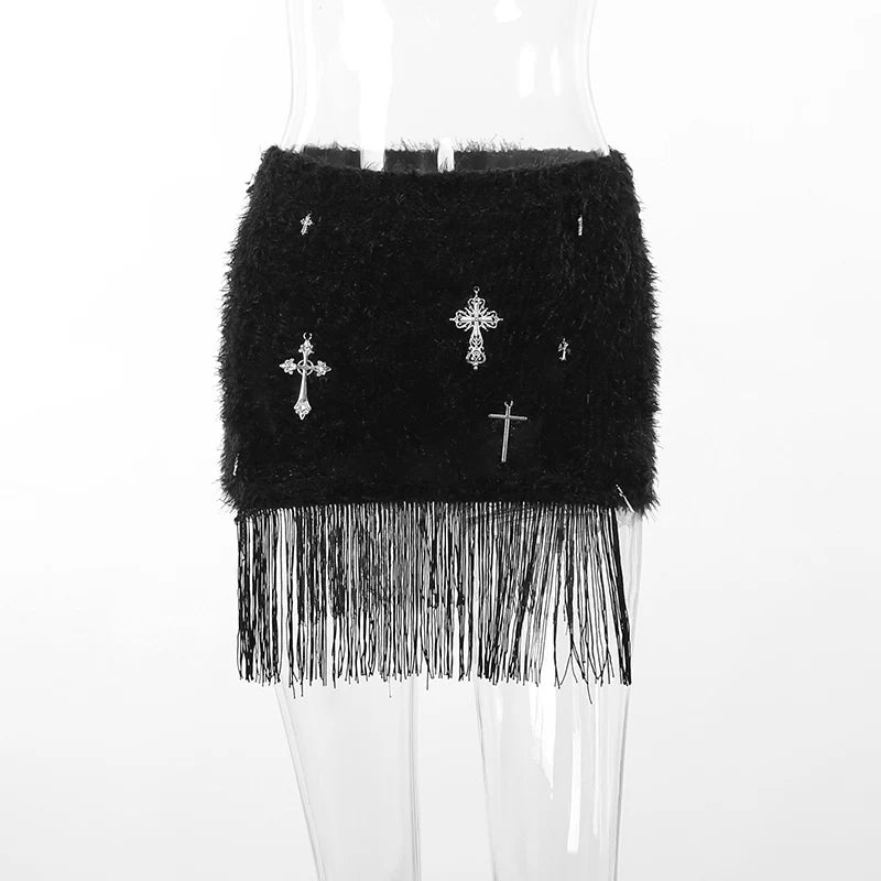 *PREORDER* Highly Favored! Cross Tassel Furry Skirt