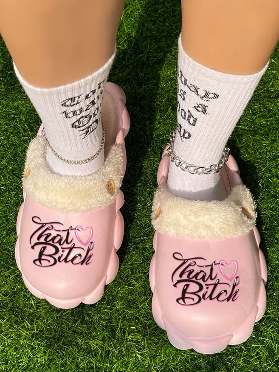 That B!tc# Heart Letter Print Plush Slippers