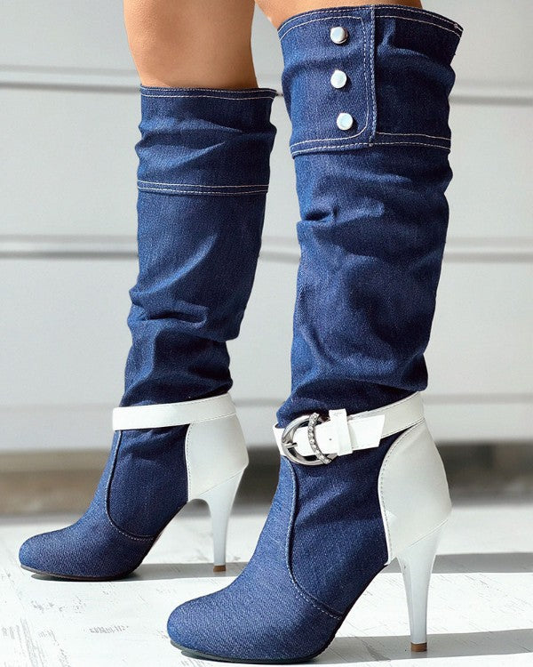 Denim Buckled Stiletto Heel Boots