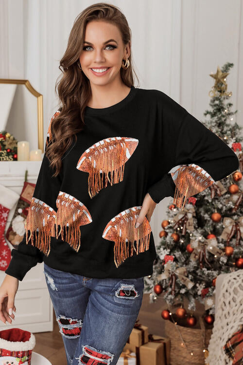 Sequin Ball Round Neck Drop Shoulder Sweatshirt