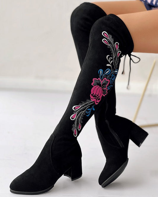 Floral Embroidery Tied Detail Over-The-Knee Long Boots