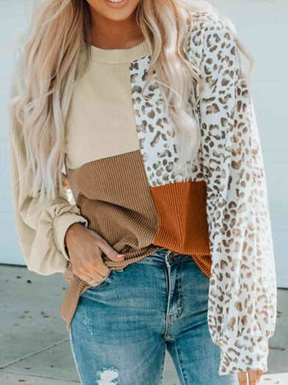 Color Block Leopard Round Neck Sweatshirt