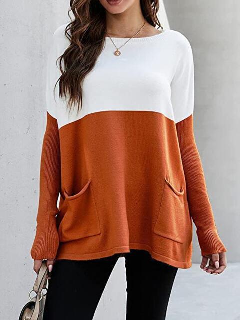 Two Tone Pullover Sweater with Pockets